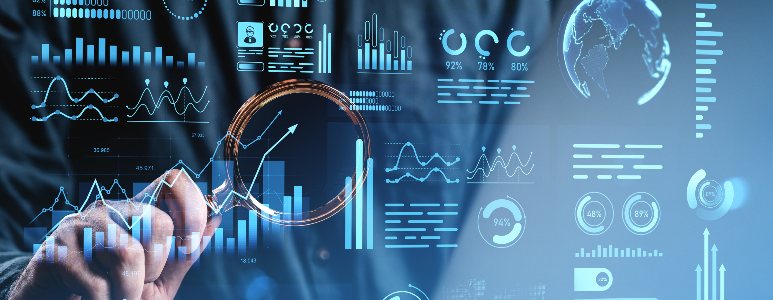 Hand analyzing digital dashboards with charts and metrics, representing SLM and data analytics supported by Open iT software license management.