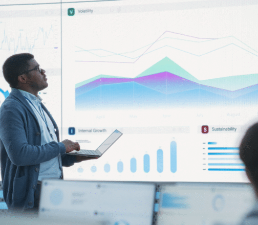 IT manager analyzing real-time dashboards and usage analytics on a large display, illustrating how Open iT delivers software license management solutions for smarter decision-making.