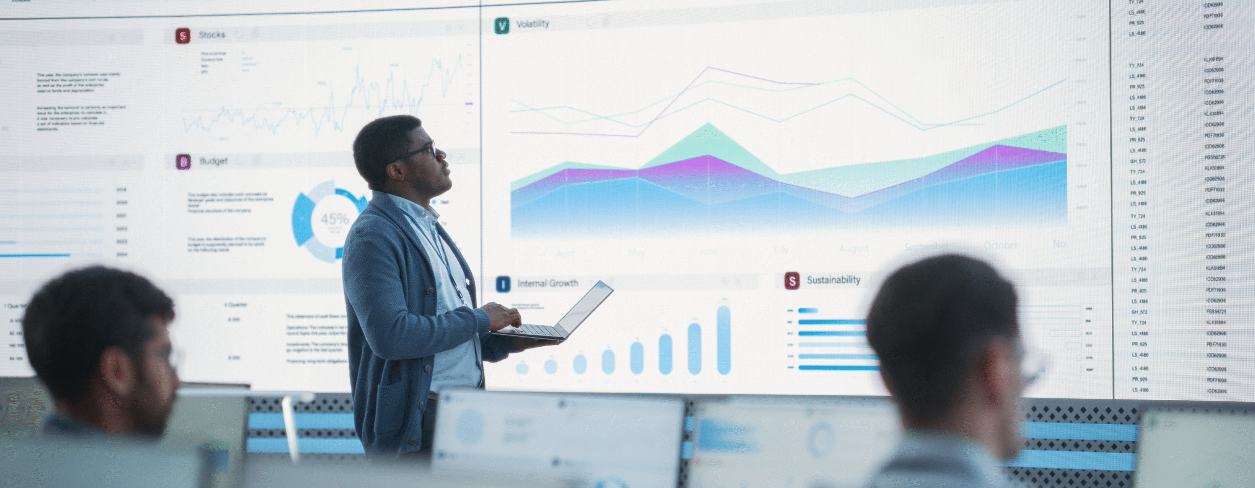 IT manager analyzing real-time dashboards and usage analytics on a large display, illustrating how Open iT delivers software license management solutions for smarter decision-making.